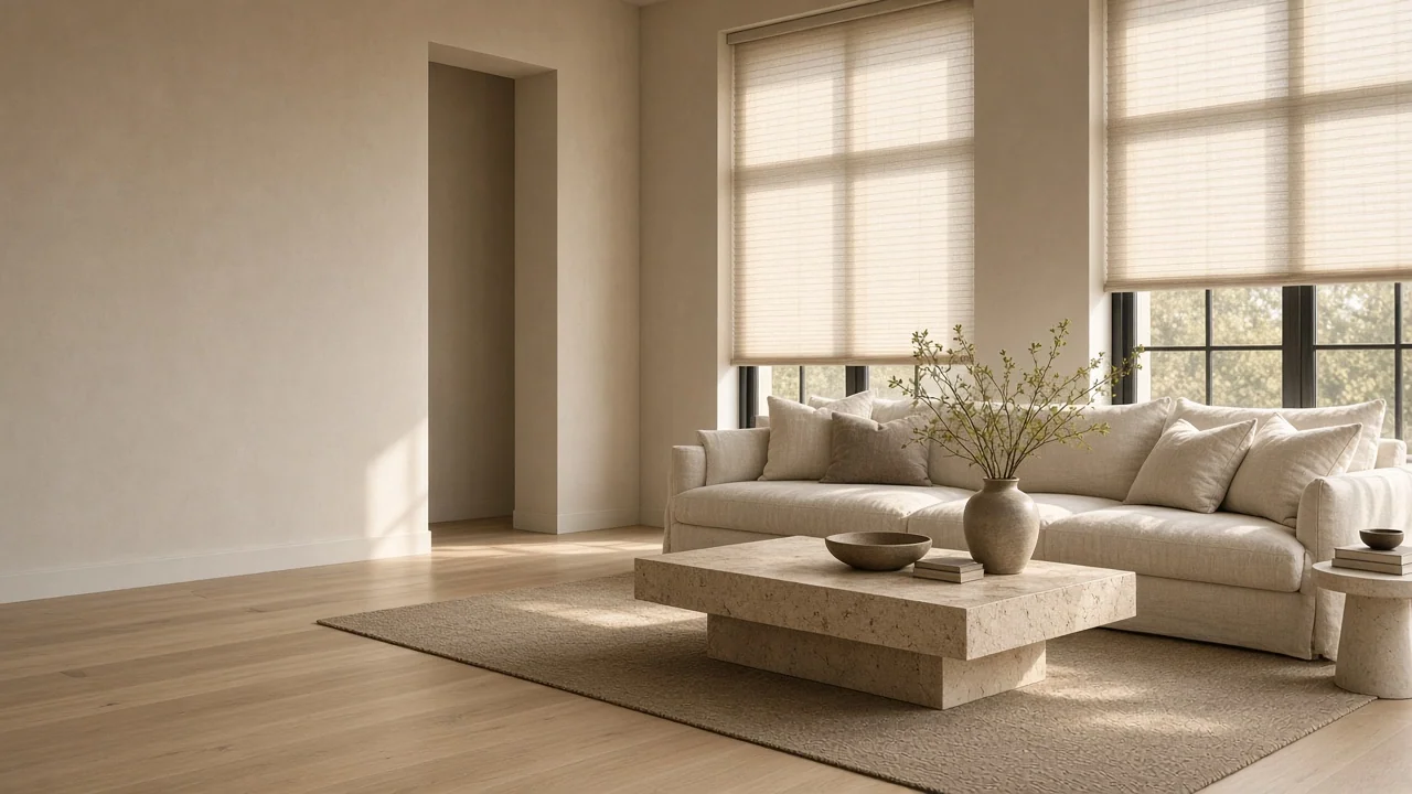 Illustrative living room with softly lit honeycomb shades above a linen sofa