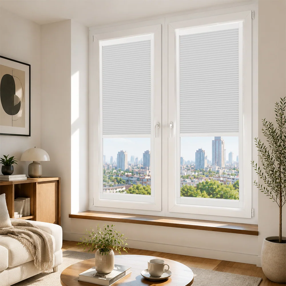 Sand-coloured cellular shade over a tall living room window with a city view