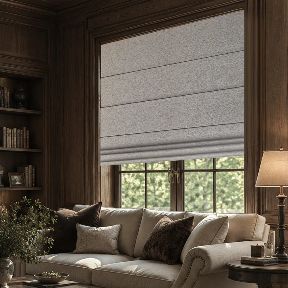 Grey cellular shade in a living room with dark timber panelling